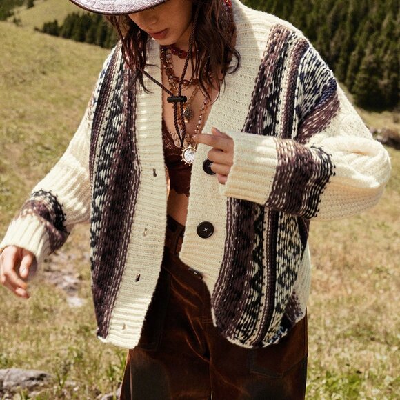 Apricot Boho Style Women's Geometric Striped Knitted Cardigan - Picture 6 of 6